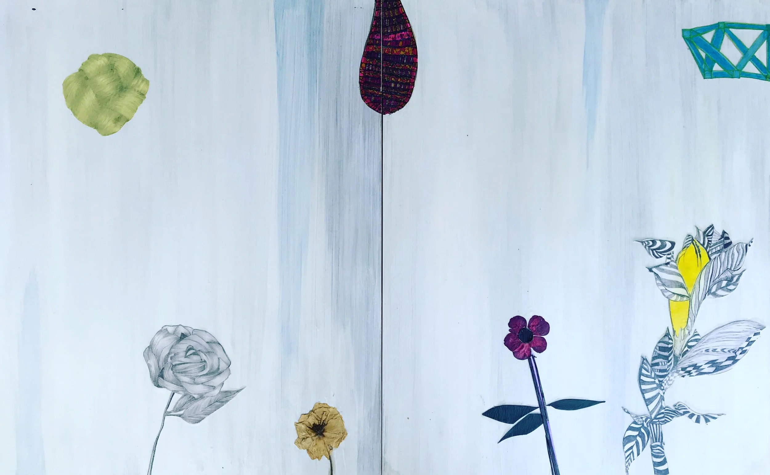 "The Garden of Good and Evil" 2020,  acrylic and paper collage on two panels 