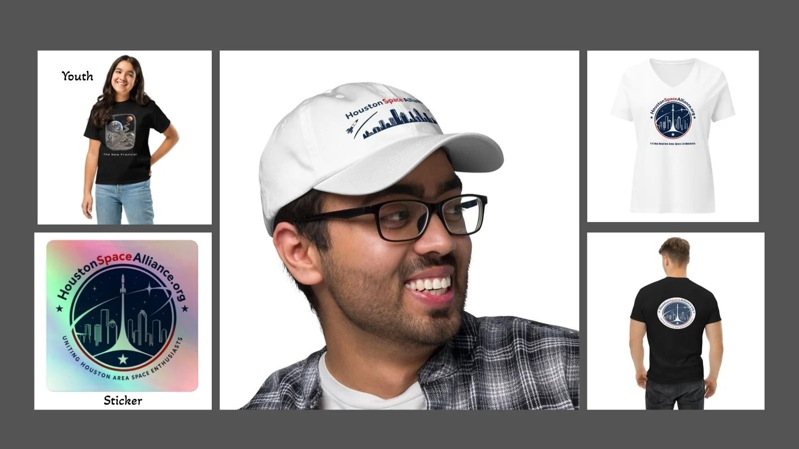 Collection of Houston Space Alliance merchandise including a sticker, a white cap with the organization's logo, a white T-shirt with logo, a black T-shirt with logo.
