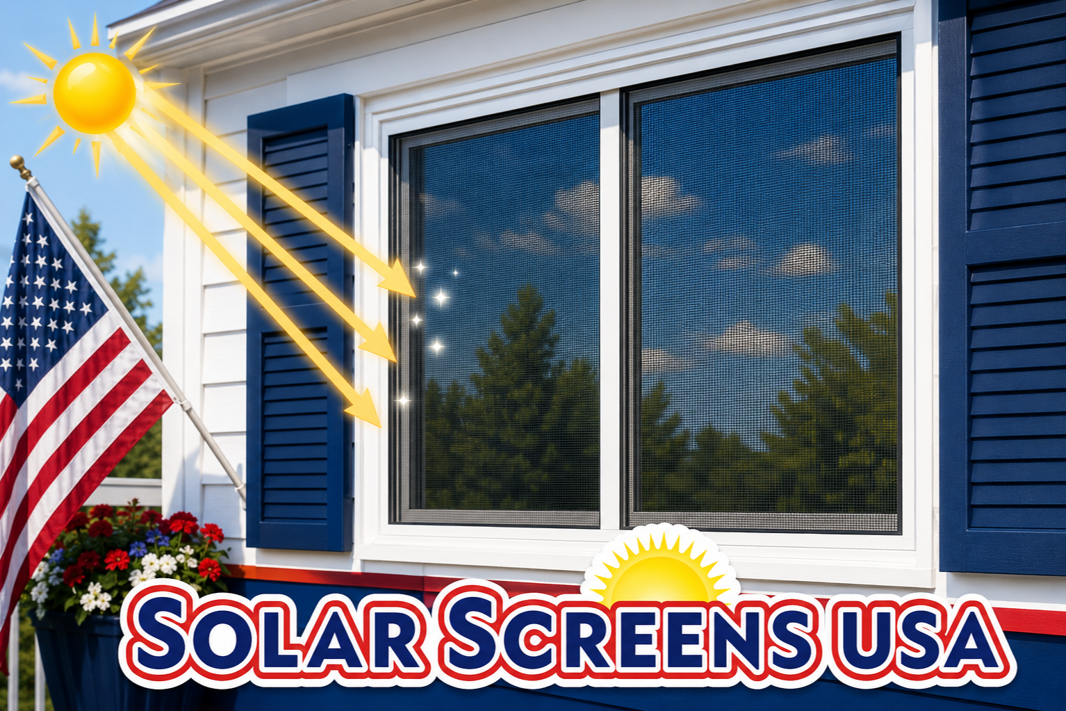 Solar Screens USA company logo with solar screen installation graphic.