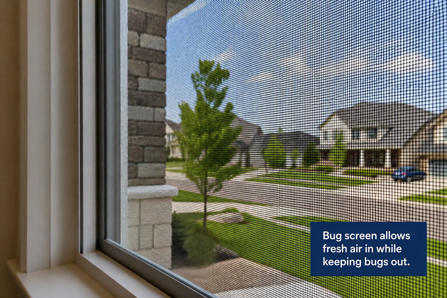 View through a window with a bug screen, showing a suburban neighborhood with houses, a tree, grass, and a parked car.