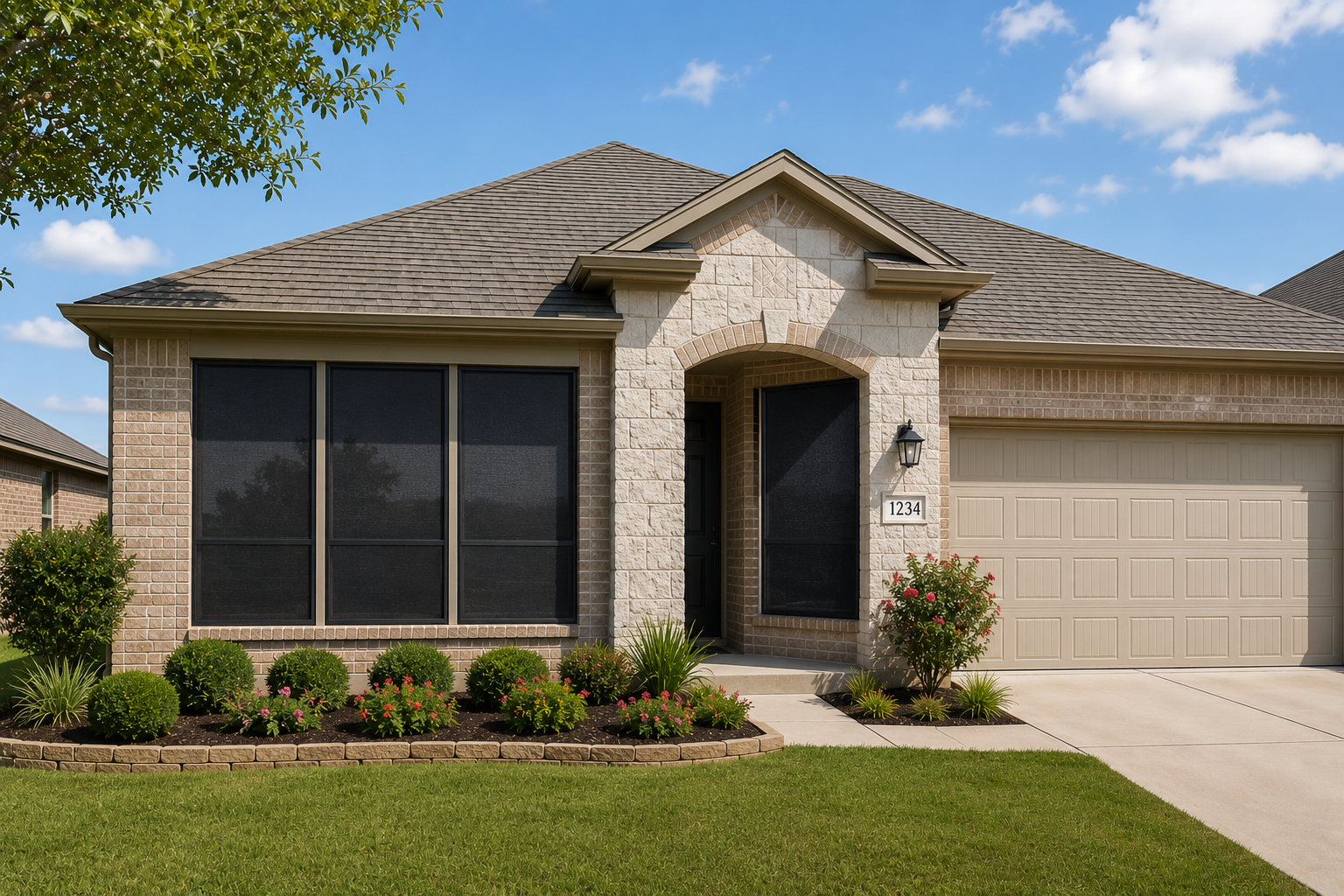 A single-story house with a brick exterior, black screened front porch, and a two-car garage. The house is surrounded by a well-maintained lawn and neatly landscaped garden with green shrubs, pink flowers, and a flowering bush near the front door. The sky is blue with a few clouds.