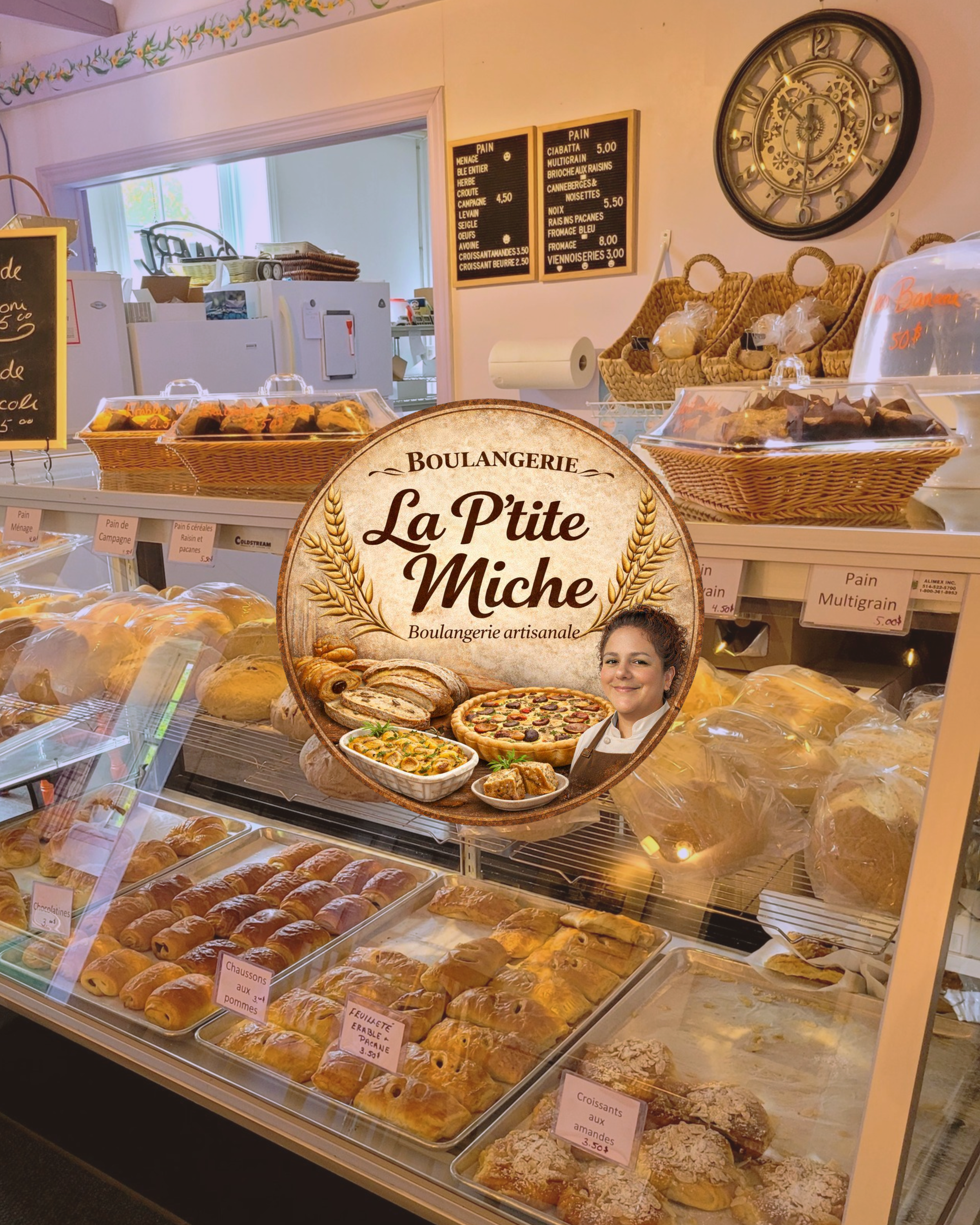 Vitrine d'une boulangerie avec plusieurs types de viennoiseries, pâtisseries et pains. Les articles sont rangés dans des paniers en osier et des boîtes en plastique, avec des étiquettes de prix visibles. On voit également un grand panneau noir avec le menu et une horloge murale en arrière-plan.