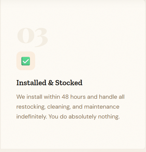 Checklist icon with a green checkmark, text stating 'Installed & Stocked,' and a description about installation within 48 hours and handling all tasks.