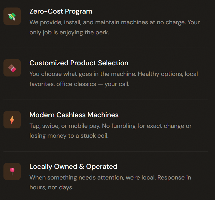 Screenshot of a mobile app or website featuring four sections: Zero-Cost Program, Customized Product Selection, Modern Cashless Machines, and Locally Owned & Operated. Each section has an icon and description about payment and service options.