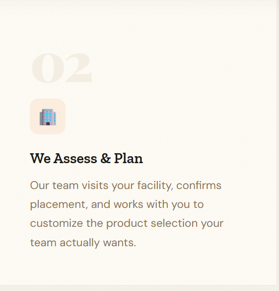 Slide with title "We Assess & Plan" and icon of a building, describing a team visiting a facility to confirm placement and customize product selection.