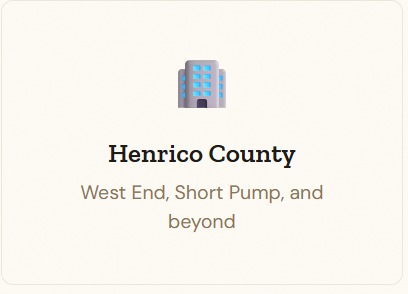 Illustration of a building with blue windows, above the text 'Henrico County' and 'West End, Short Pump, and beyond'.