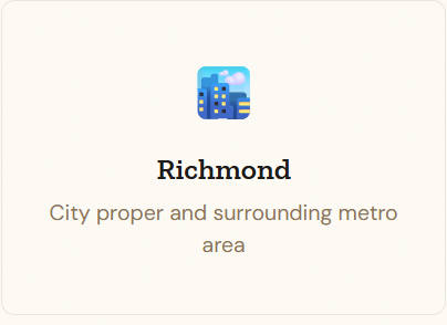 Icon of a cityscape with buildings and clouds, labeled 'Richmond' with description 'City proper and surrounding metro area'.