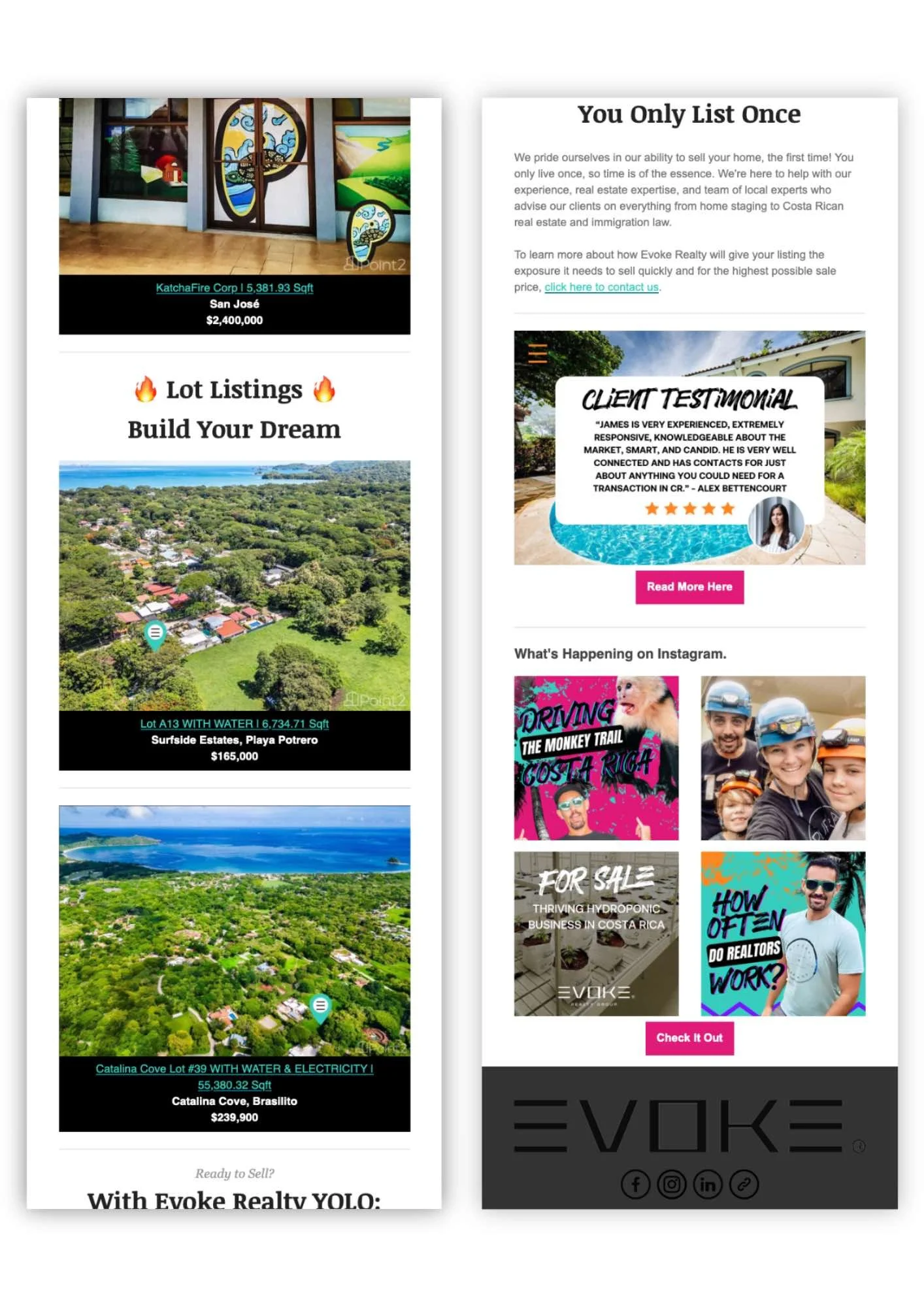Real Estate Mailchimp email marketing campaign newsletter for Evoke Realty Costa Rica