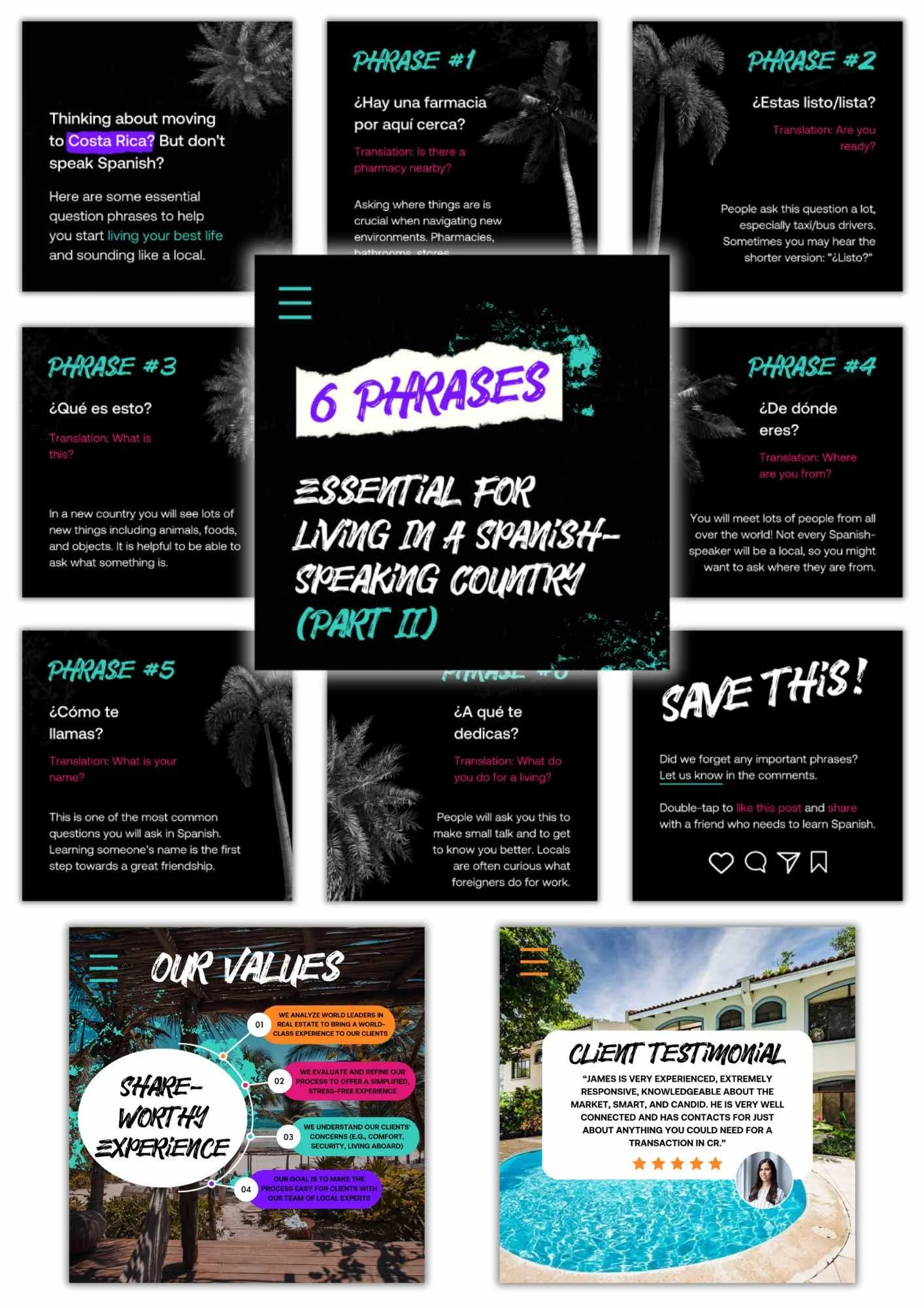 Custom colourful Instagram carousel graphics designed for real estate brokerage Evoke Realty Costa Rica