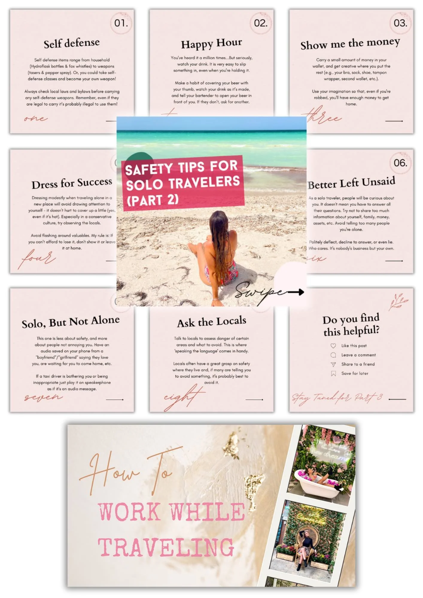 5 Custom pink and feminine Instagram carousel infographics designed for digital nomad travel blogger