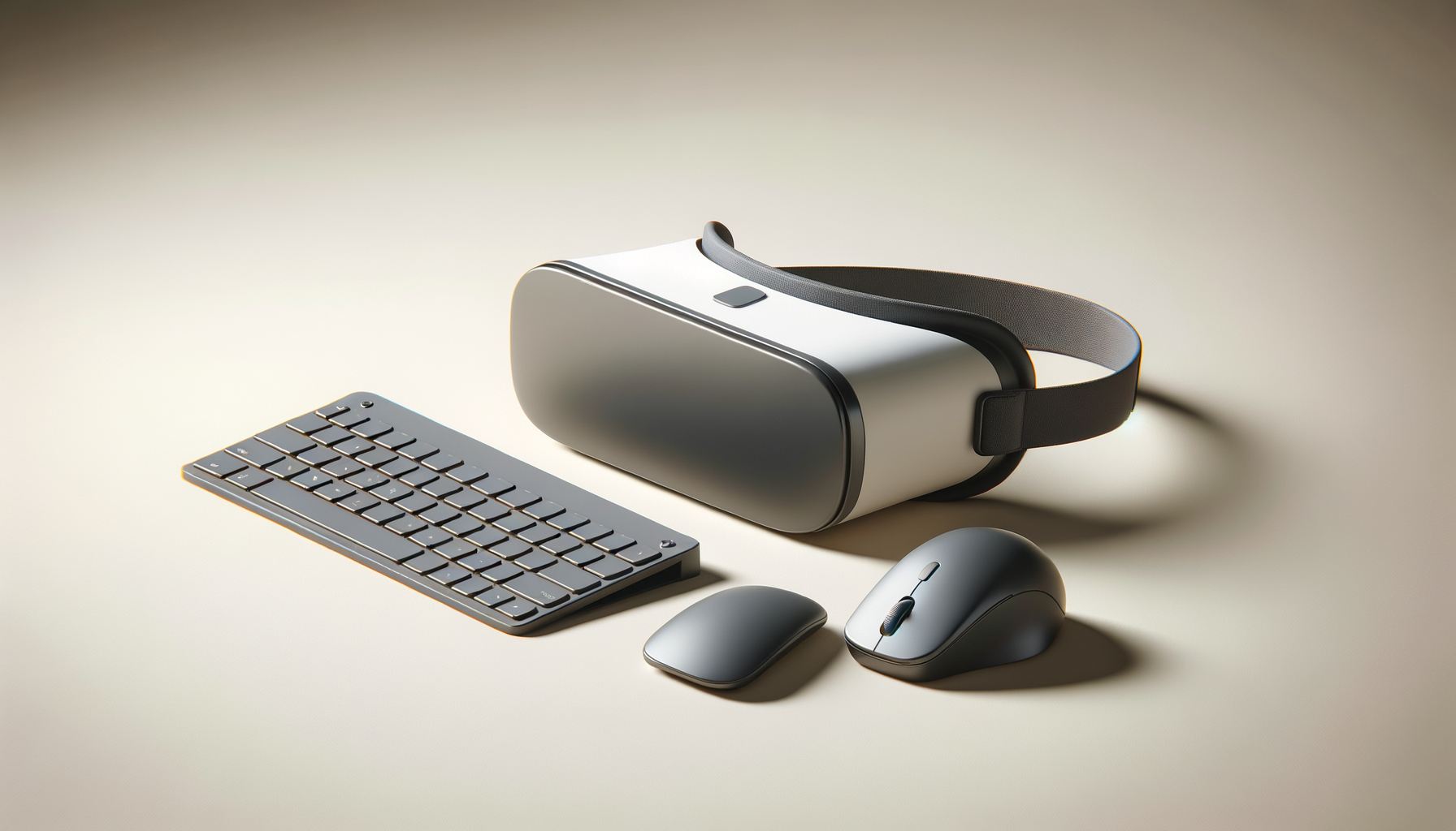 A virtual reality headset, wireless keyboard, computer mouse, and trackpad arranged on a light-colored surface.