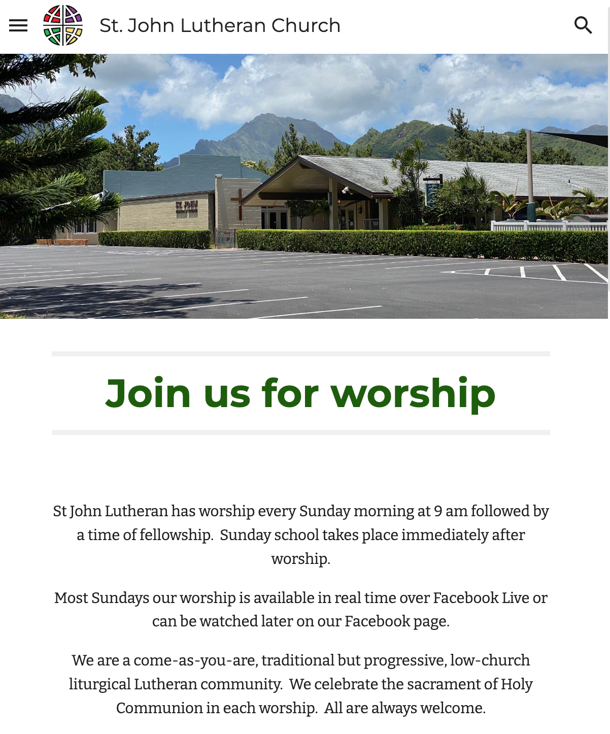 Screenshot of a church website home page