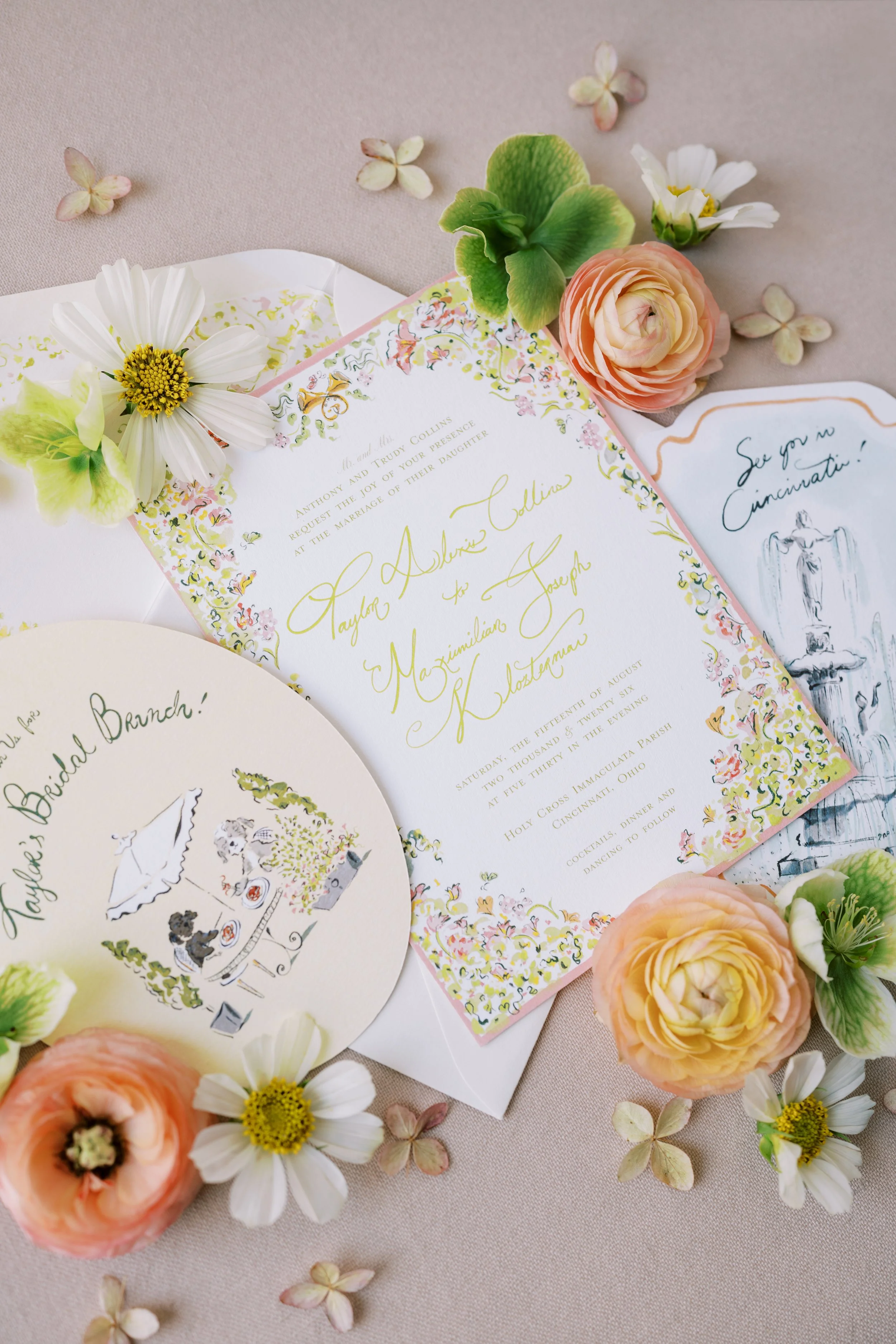 Colorful wedding invitation suite with custom details and floral accents by Dear Goose at The Palomar in Cincinnati. 