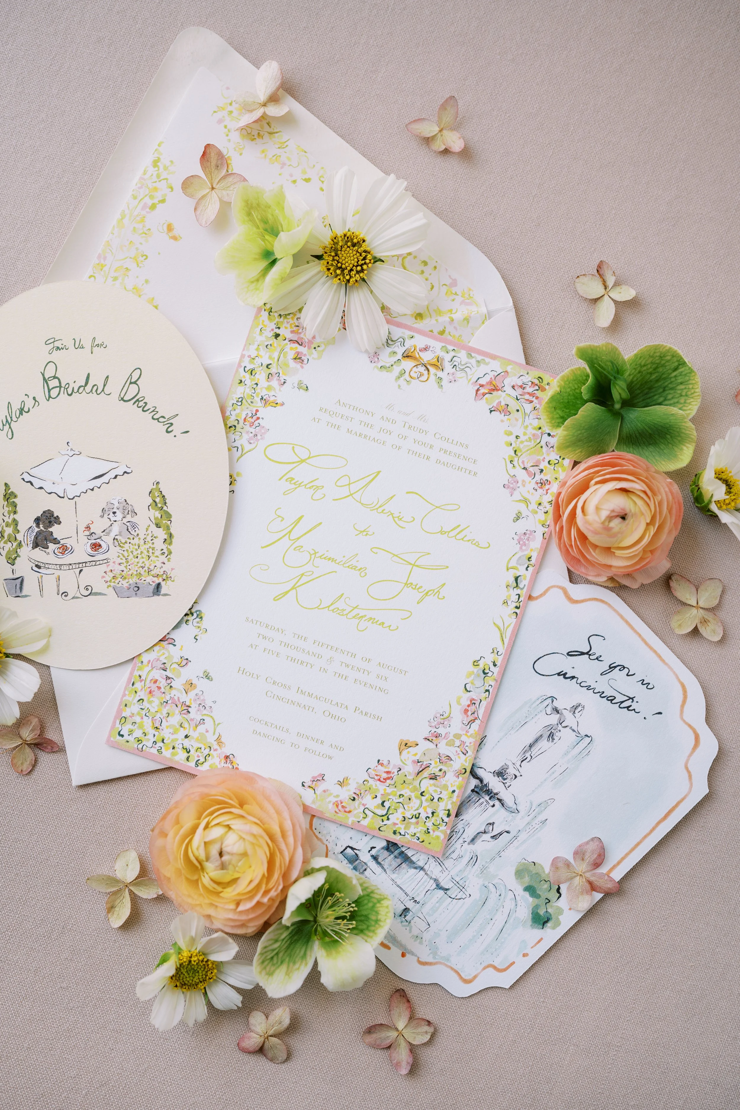 Colorful wedding invitation suite with custom details and floral accents by Dear Goose at The Palomar in Cincinnati. 