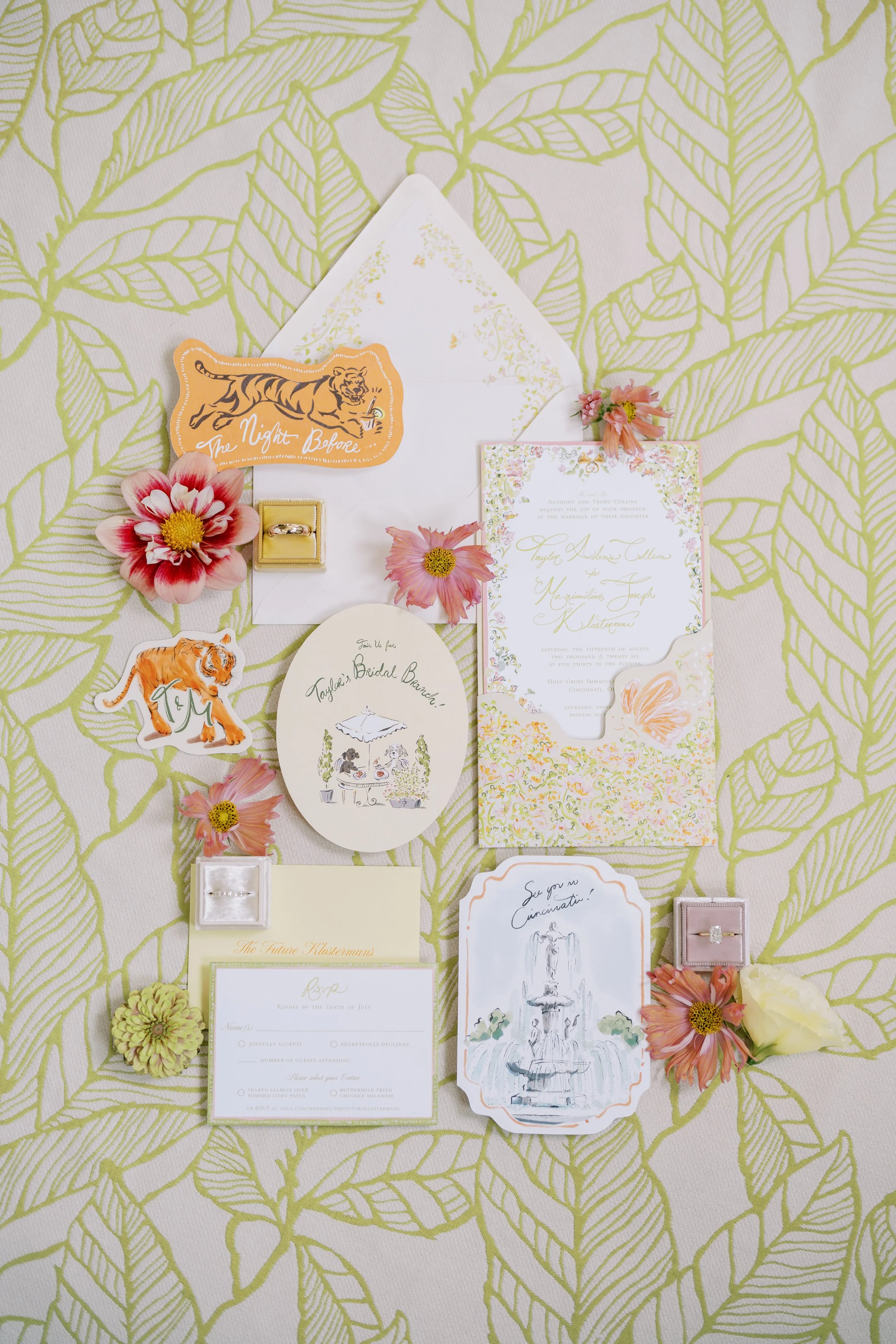 Colorful wedding invitation suite with custom details and floral accents by Dear Goose at The Palomar in Cincinnati. 