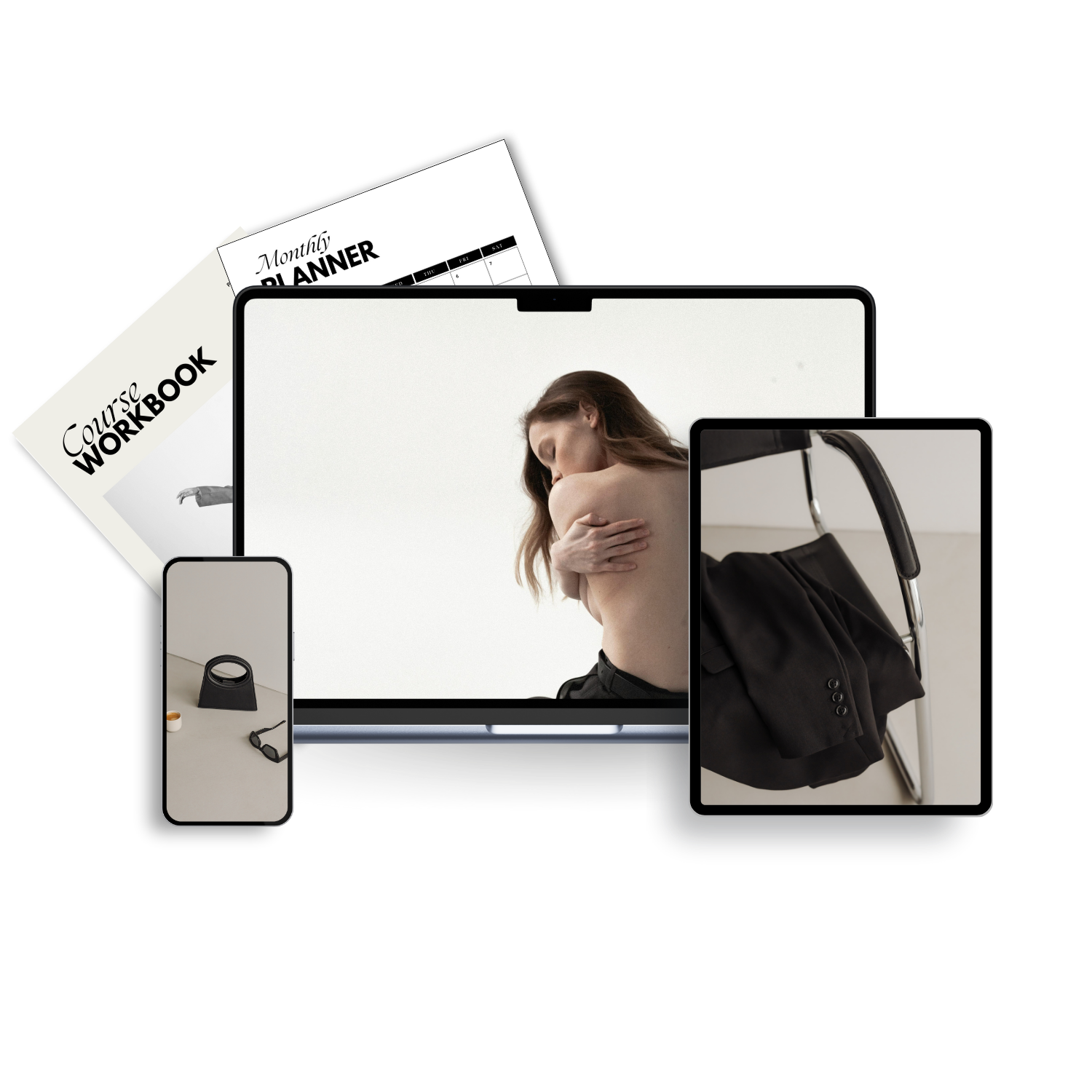 Image collage displaying a woman with long hair and closed eyes, covering her shoulder, on a laptop screen; a black handbag and clothing on a chair; a black and white course workbook and monthly planner; and a collection of objects including black eyeglasses, a device, and a cord.