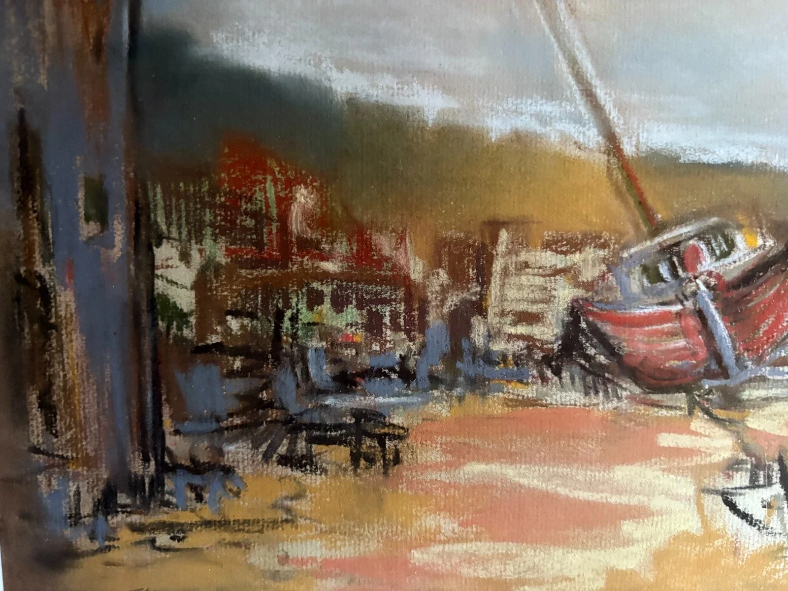 An impressionistic painting of a cozy room with a boat on a stand, possibly inside a workshop or art studio.
