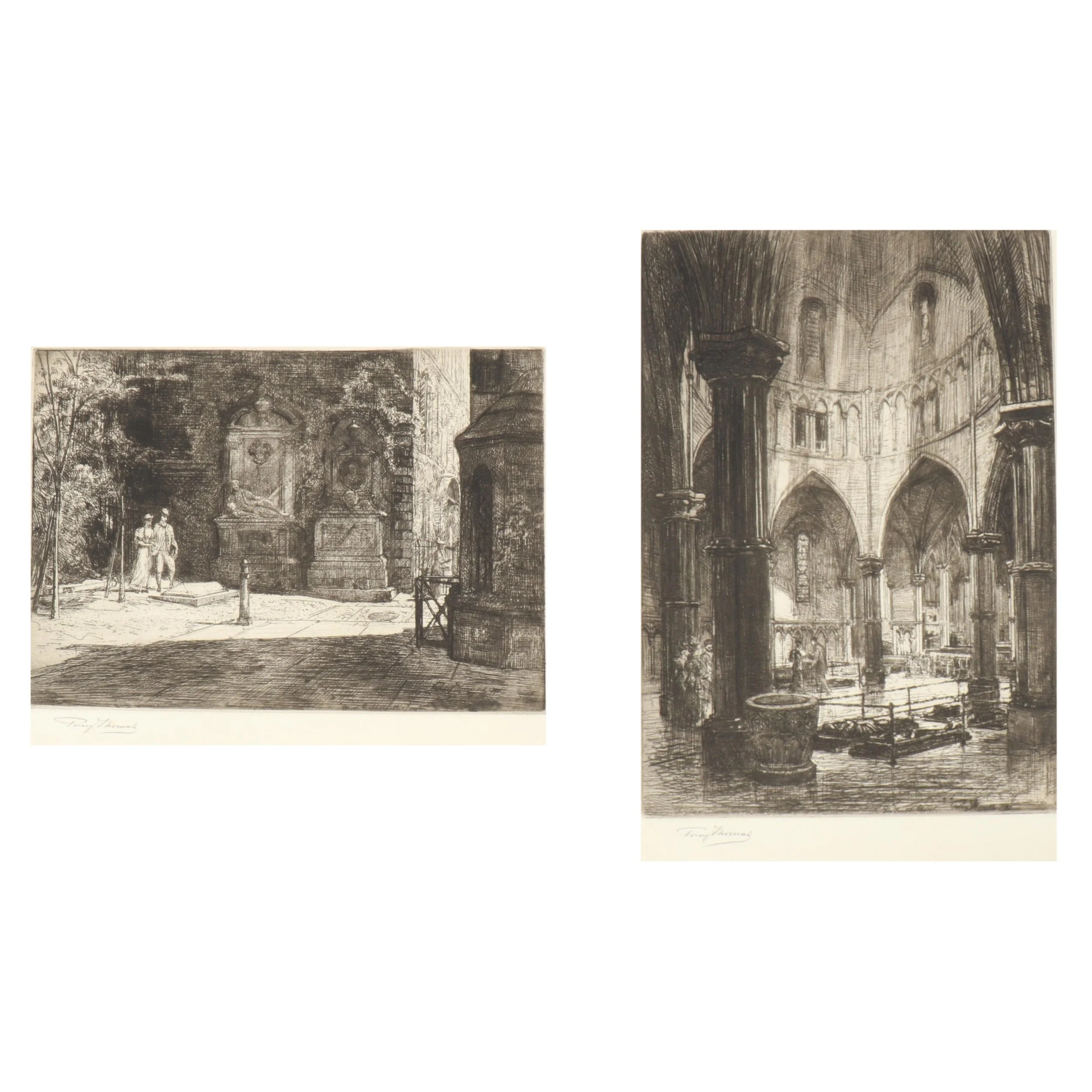 Black and white sketches of historic architecture, showcasing detailed facades and interior arches.