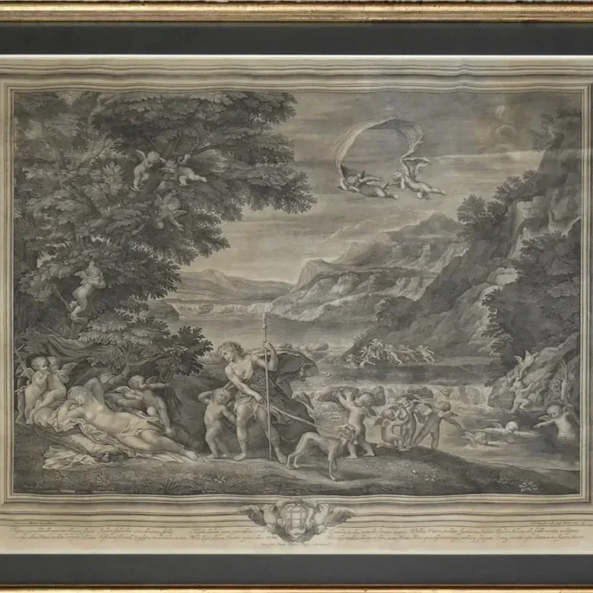 Étienne Baudet after Francesco Albani (1578-1660), Venus and Adonis at the Forge of Vulcan, Etching, Large Engraving & Etching, 30 x 27, $200 each, $500 set of 3