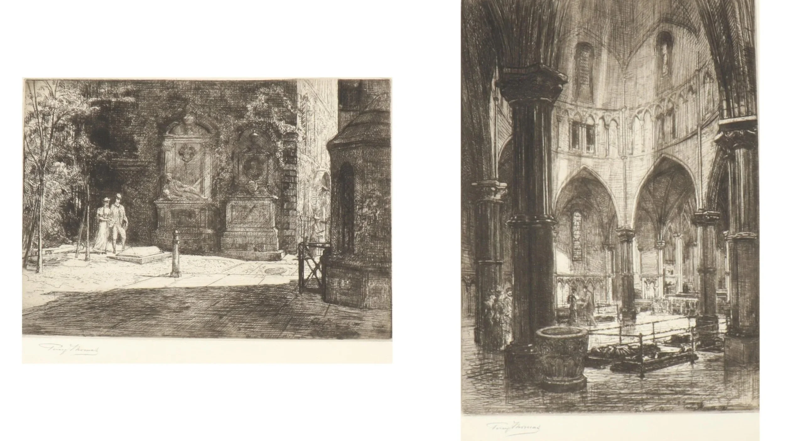 Percy Thomas (1846-1922), The Round Church / The Temple, London, Pair of Signed Etchings, $200