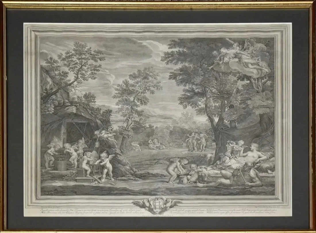 Black and white classical painting with mythological scenes, trees, and figures in nature.