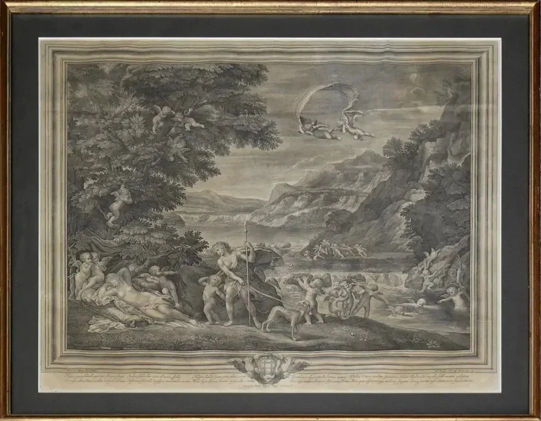 A grayscale framed landscape painting depicting mythological scene with gods, people, and animals in a natural setting.