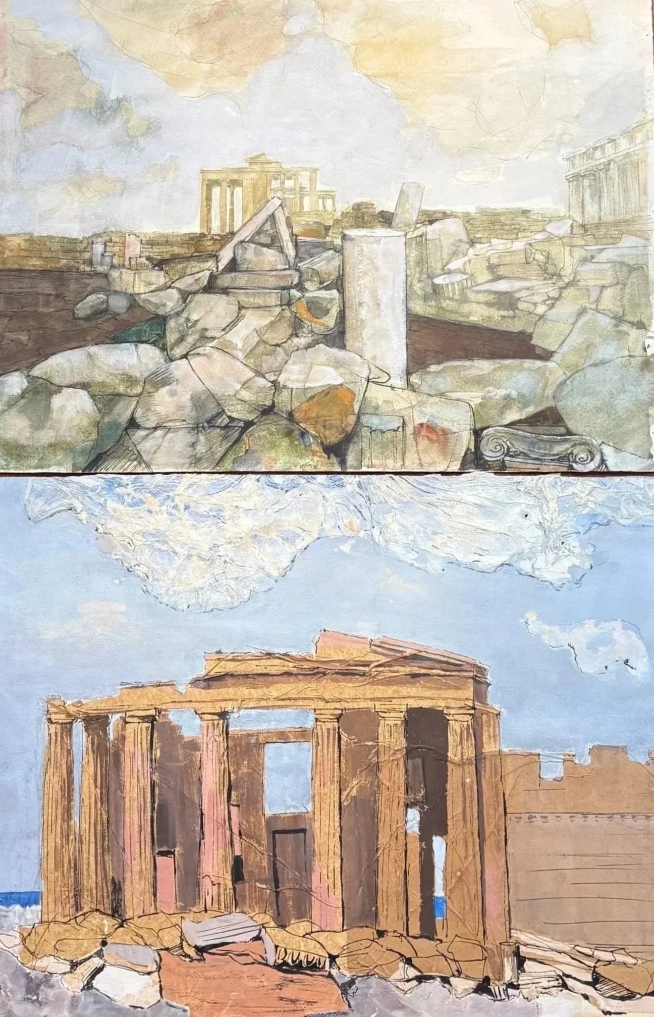 Hazard Durfee (1917-2003), Pair of Large Signed Classical Ruins, Watercolor & Mixed Media