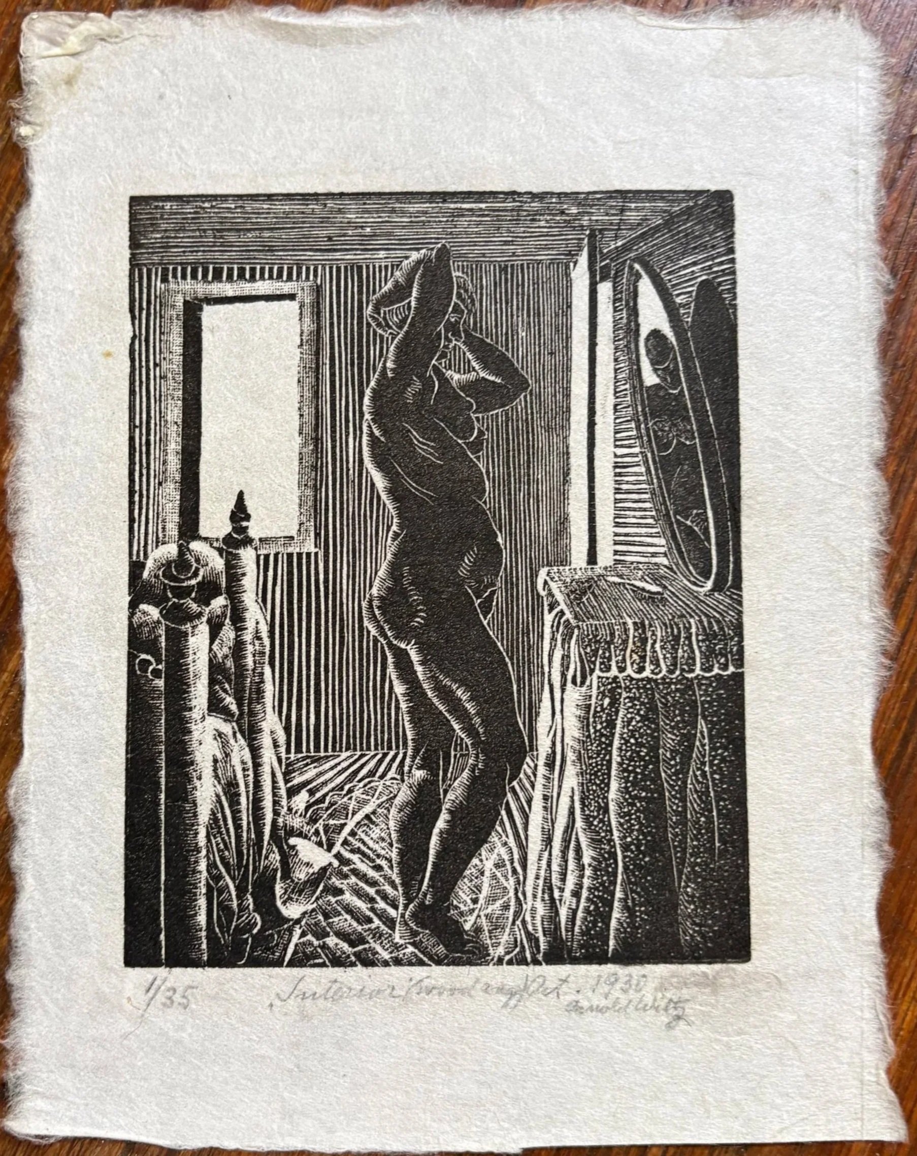 Arnold Wiltz (1889-1937), Interior with Female Nude, Signed Woodcut Print, 1/35 Edition, $325