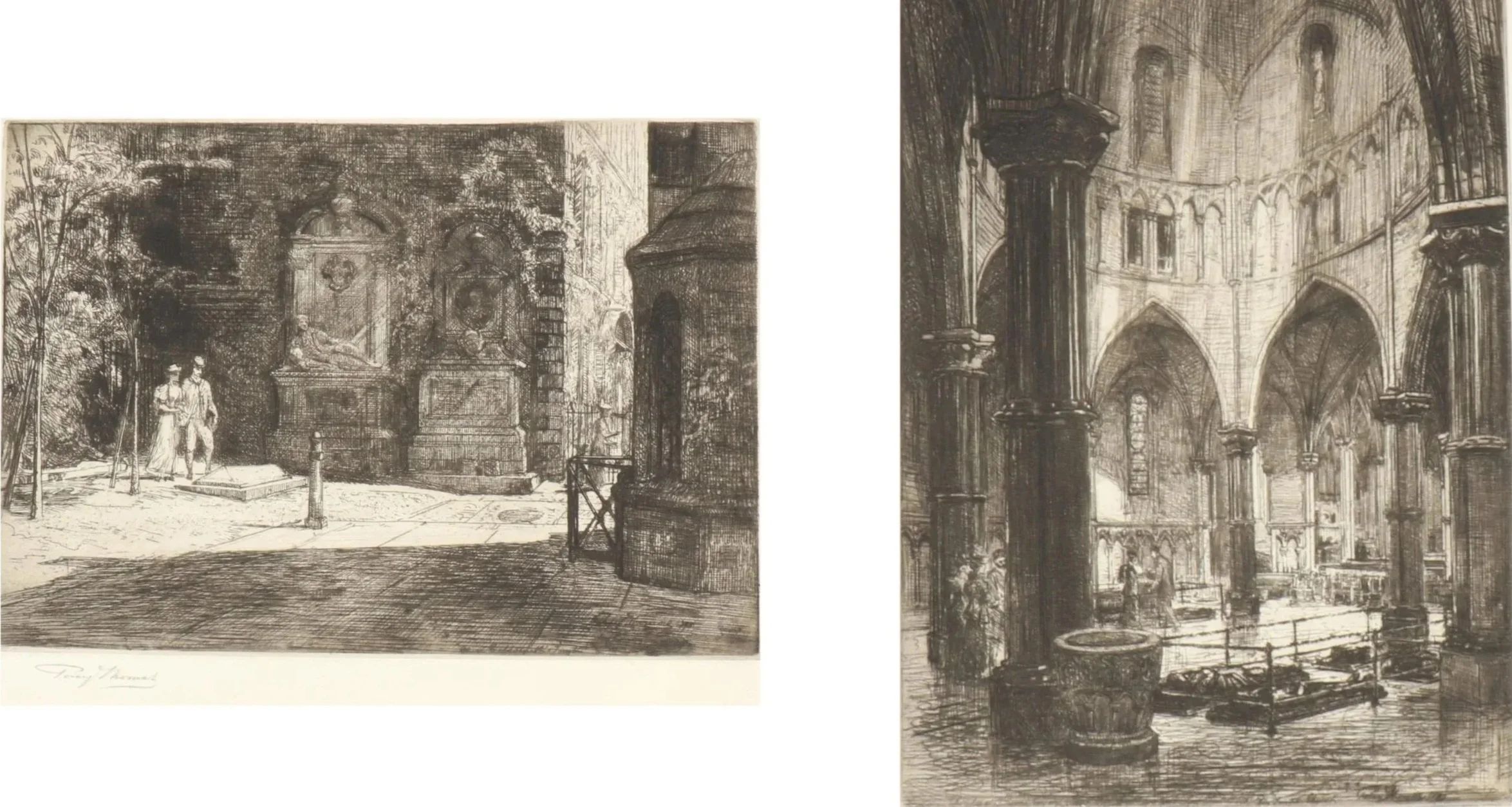 Percy Thomas (1846-1922), The Round Church / The Temple, London, Pair of Signed Etchings