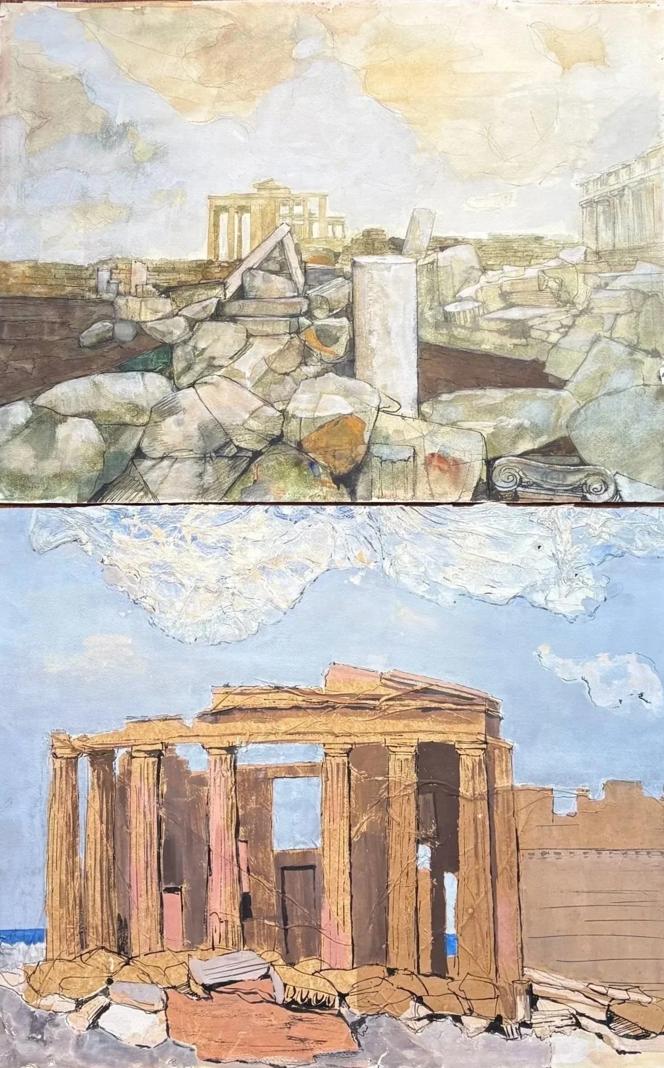 Three watercolor paintings of ancient Greek architecture, including ruins of temples with columns. The top painting depicts a scene with large scattered stones and ruins under a cloudy sky. The middle painting showcases a structure with tall columns 