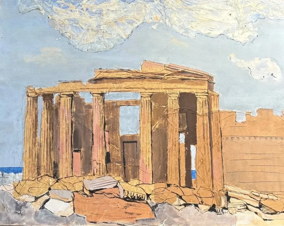 A painting of an ancient Greek temple with tall columns, set against a sky with clouds, surrounded by rocks and ruins.
