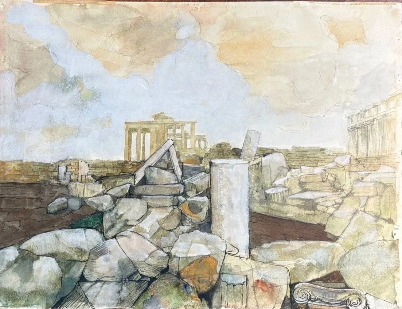 A watercolor painting of the ruins of ancient Greek structures, including columns and scattered stones, with a partly cloudy sky in the background.