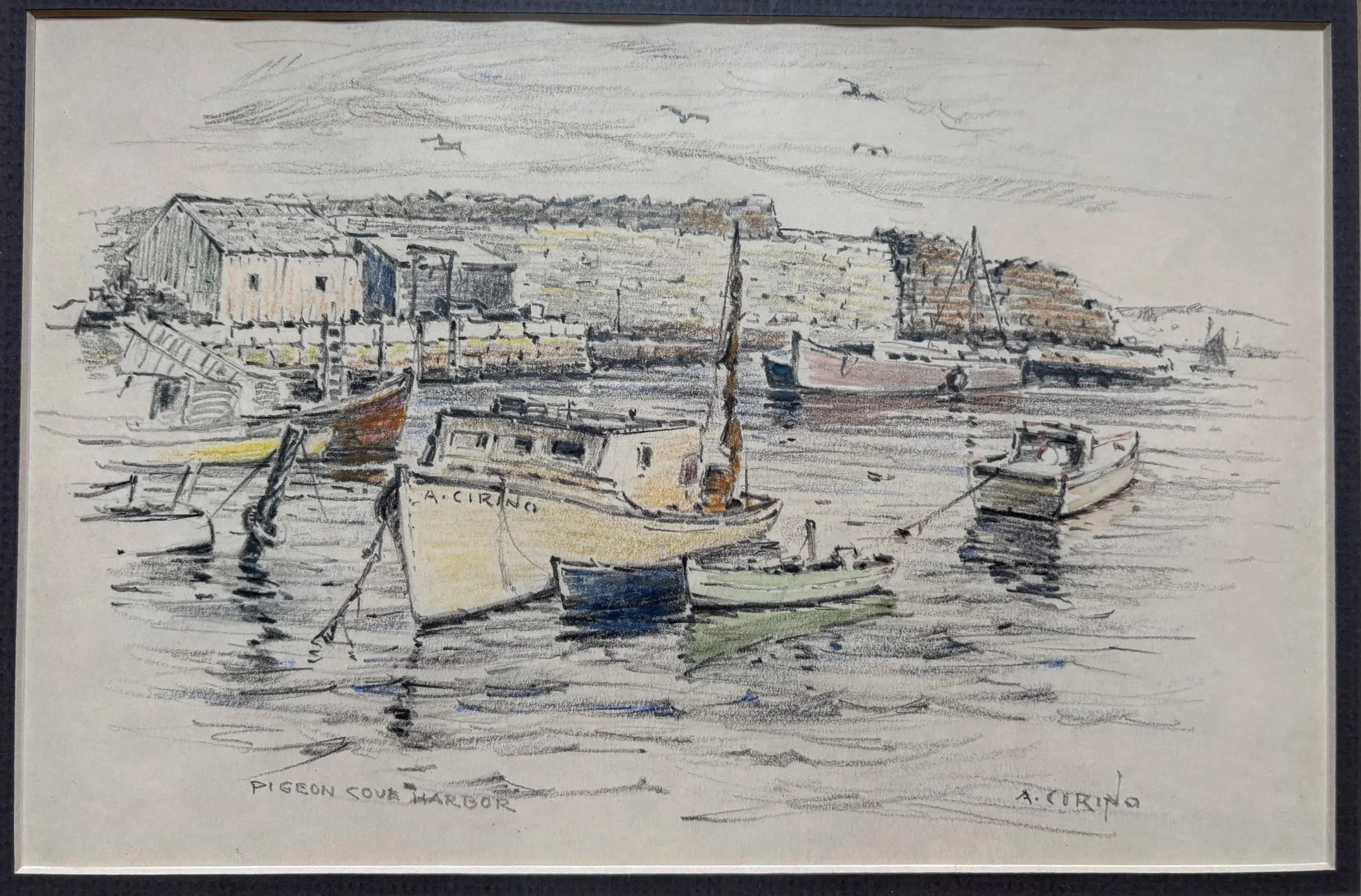 A watercolor painting of boats docked along a harbor with buildings in the background, birds flying in the sky, and the artist's signature at the bottom right corner.