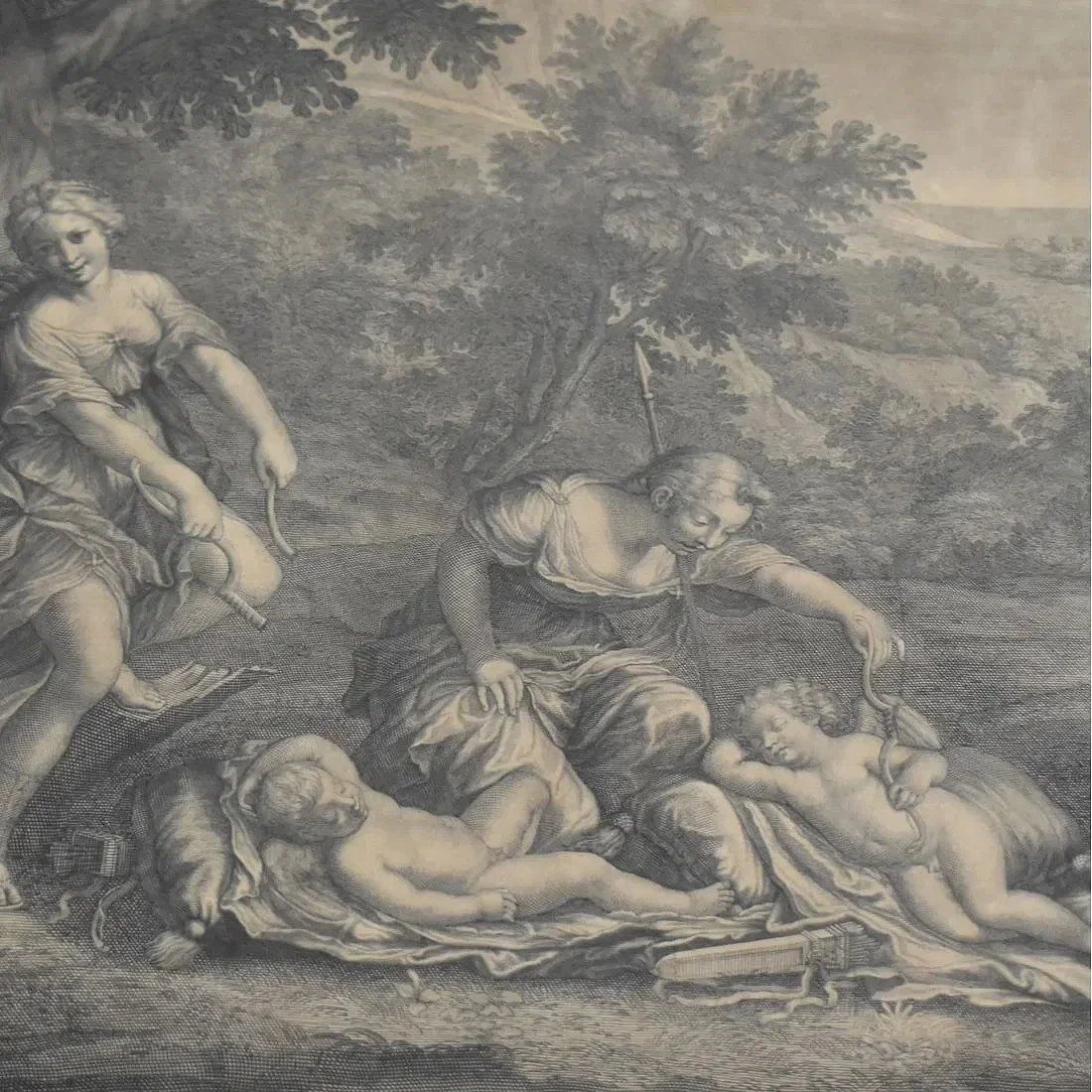 A classical black and white drawing depicting a mythological scene of female figure with a spear and two reclining male figures, one with a snake in hand, outdoors with trees and landscape in the background.
