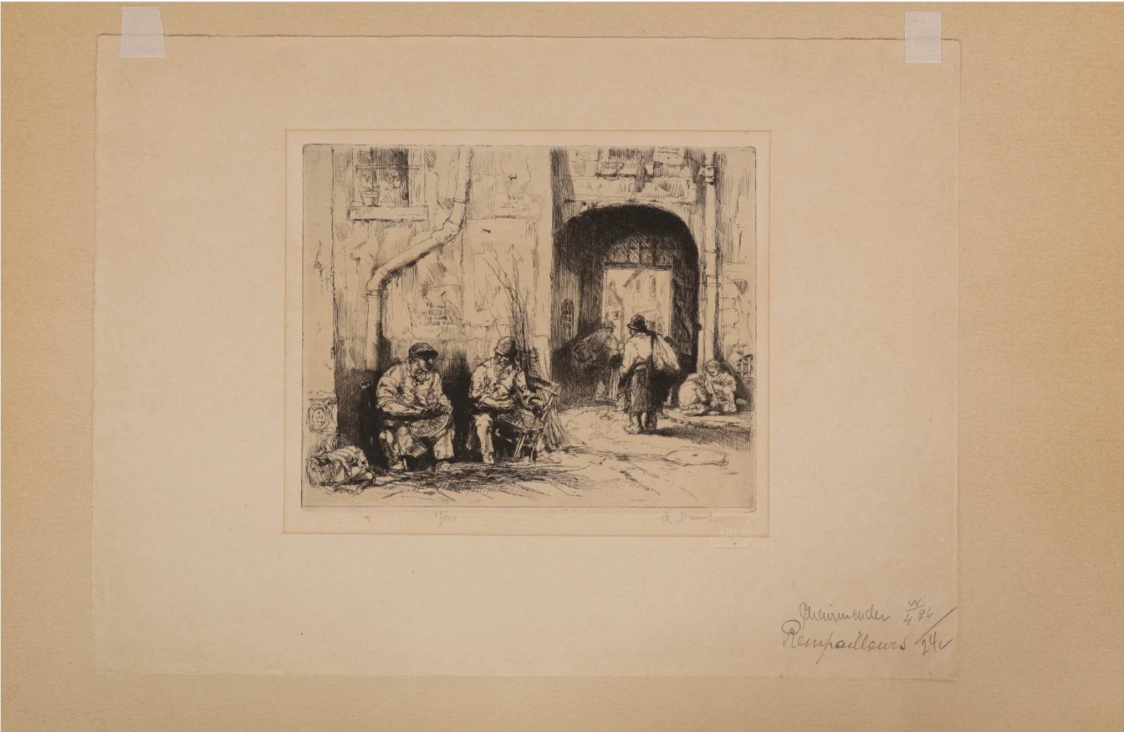 A detailed black and white sketch of a street scene with five men, some sitting and some standing, near an arched opening in a building, with others walking in the background.