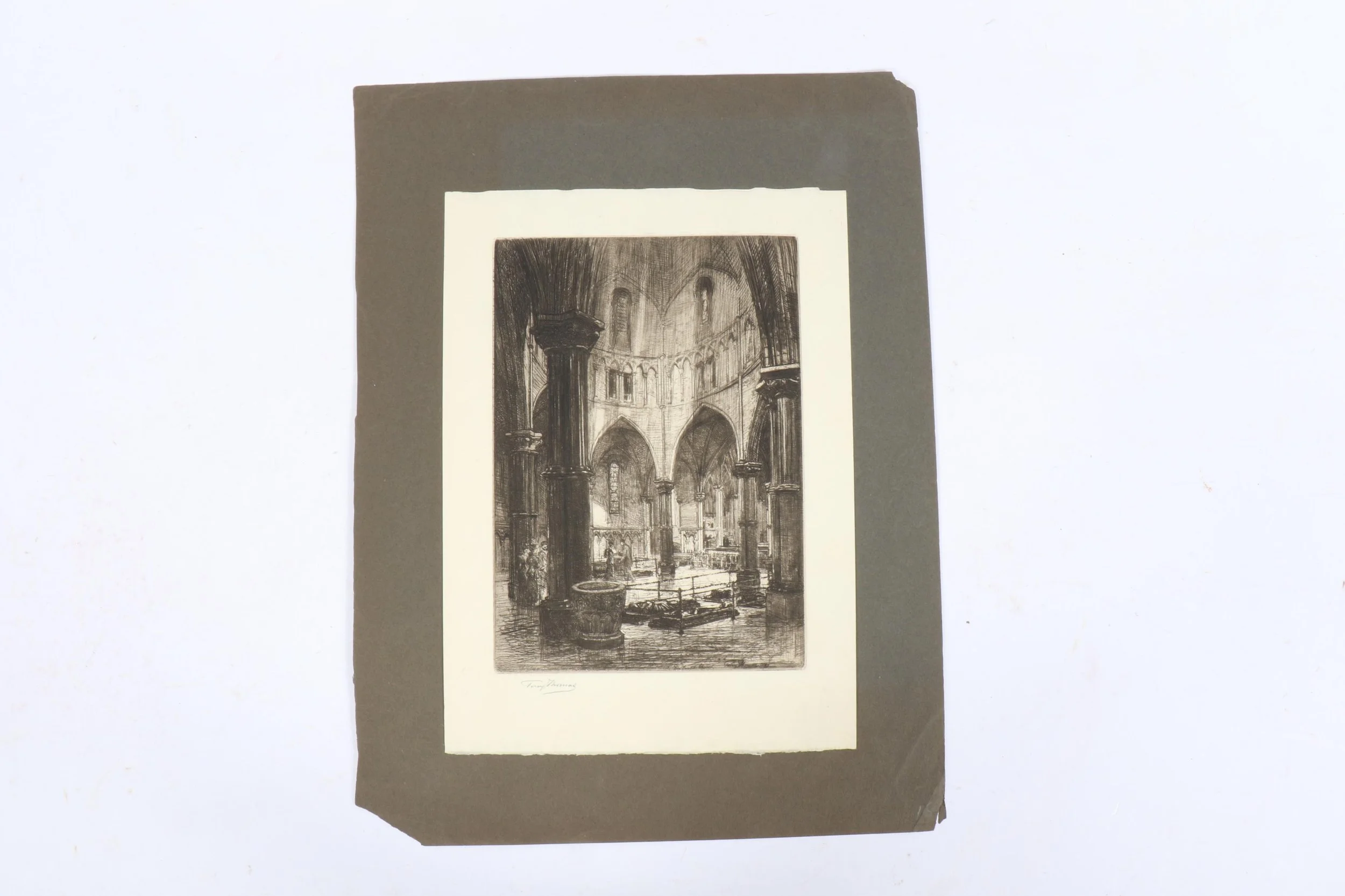 A black and white drawing of the interior of a Gothic cathedral with tall columns, arched windows, and detailed architectural elements.