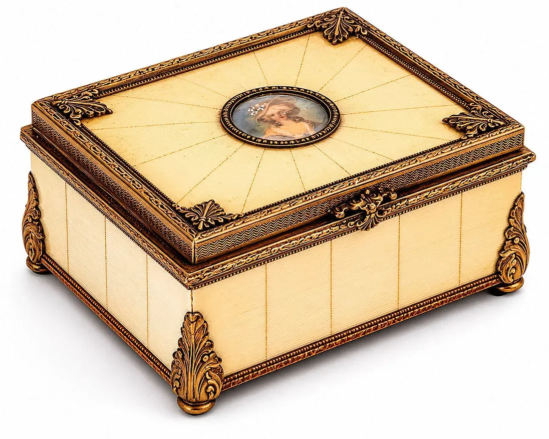 Bakelite and Brass Jewelry Box with Portrait Plaque, $295