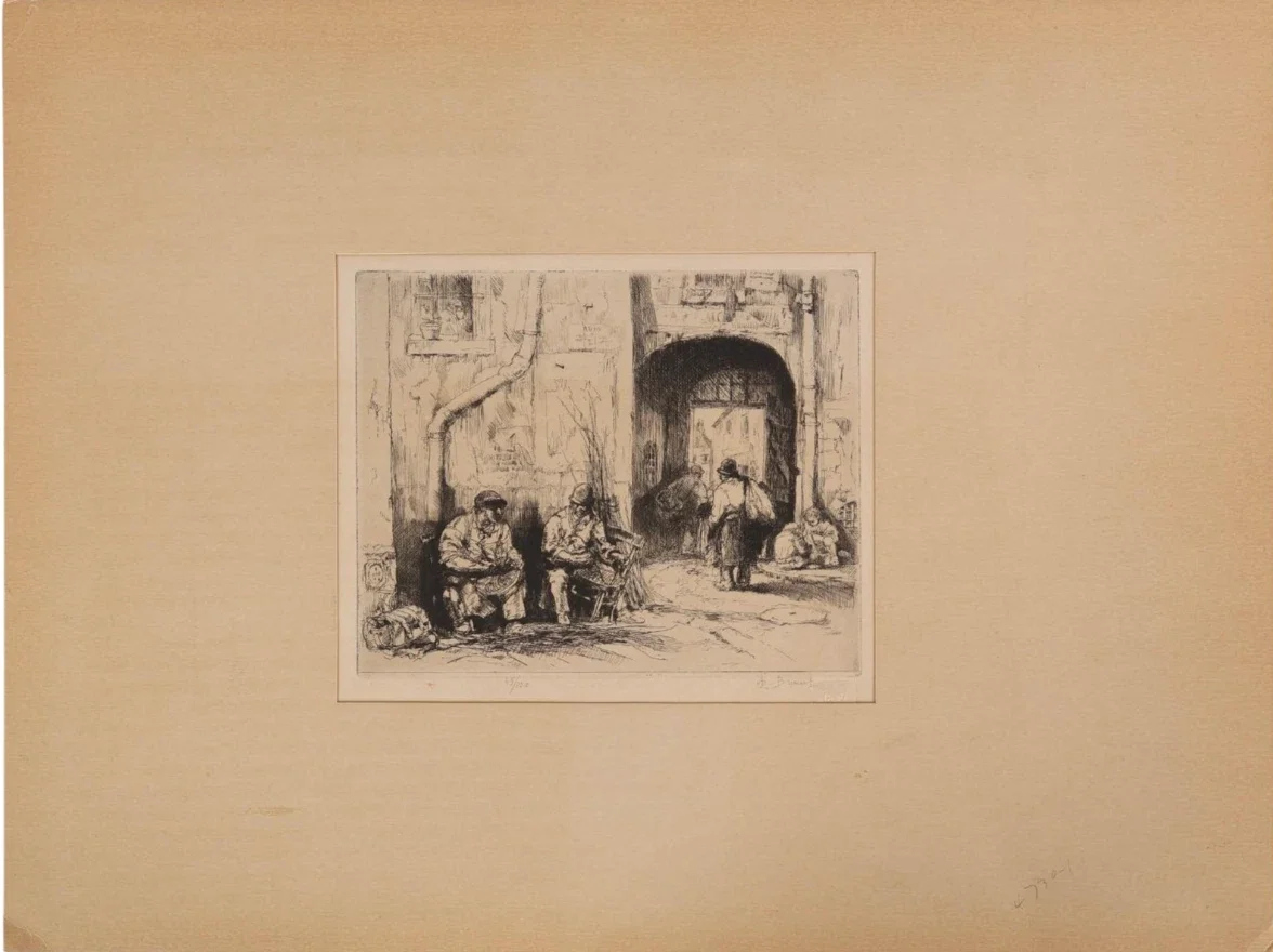 A black and white sketch of a city street scene with people sitting and walking near a building entrance.
