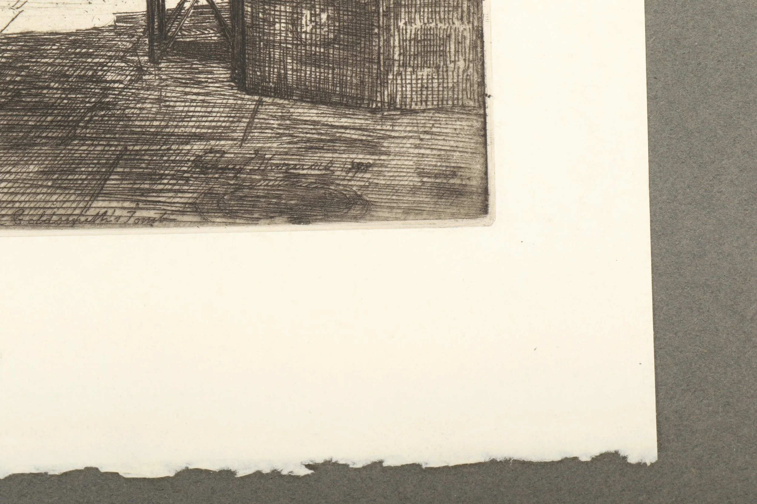 Close-up image of a vintage drawing of a building with wooden structure, signed by Elizabeth Tovey.