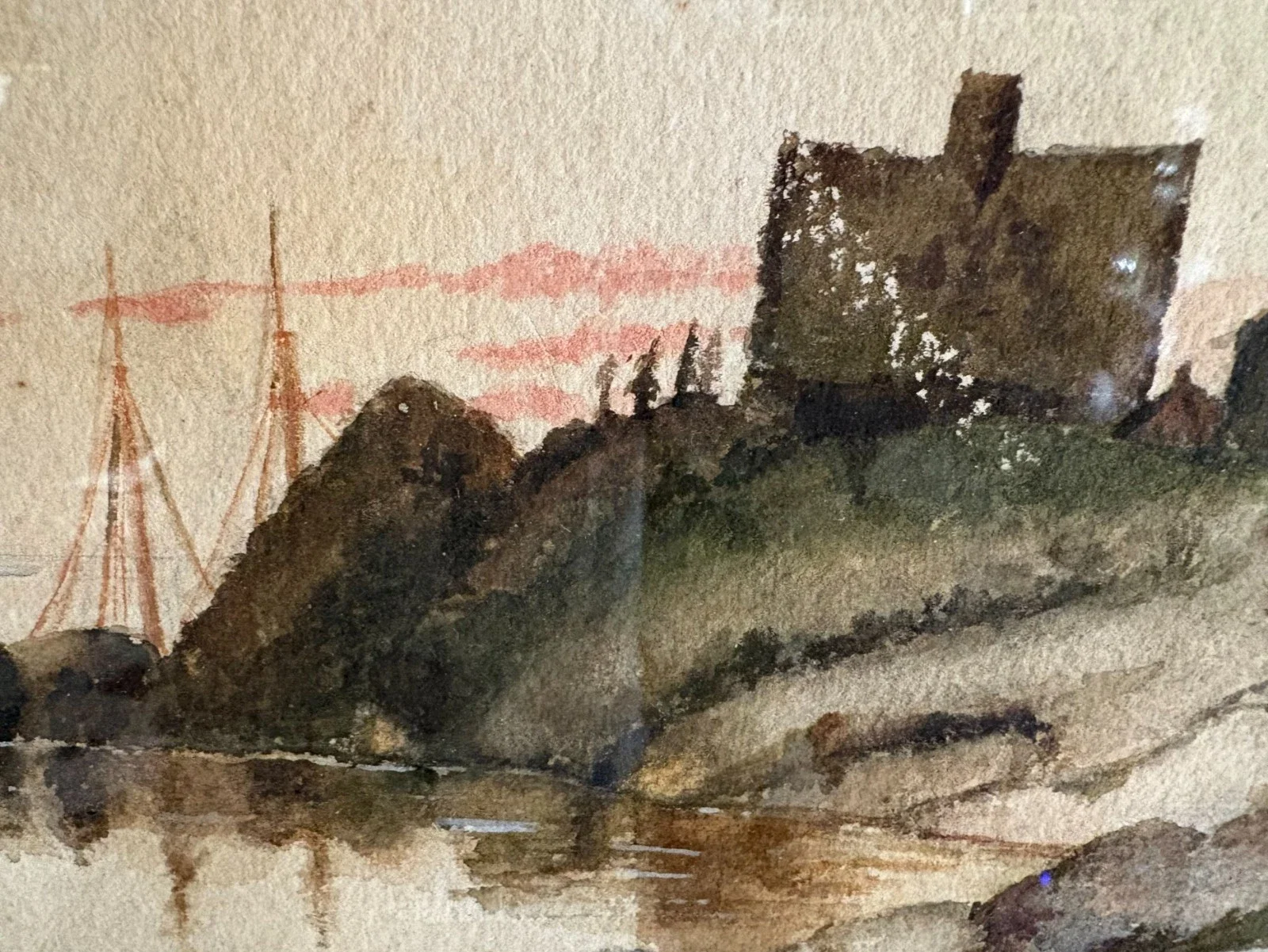 A watercolor painting depicting a landscape with a stone castle, trees, a red ship's mast, and pink clouds in the sky.