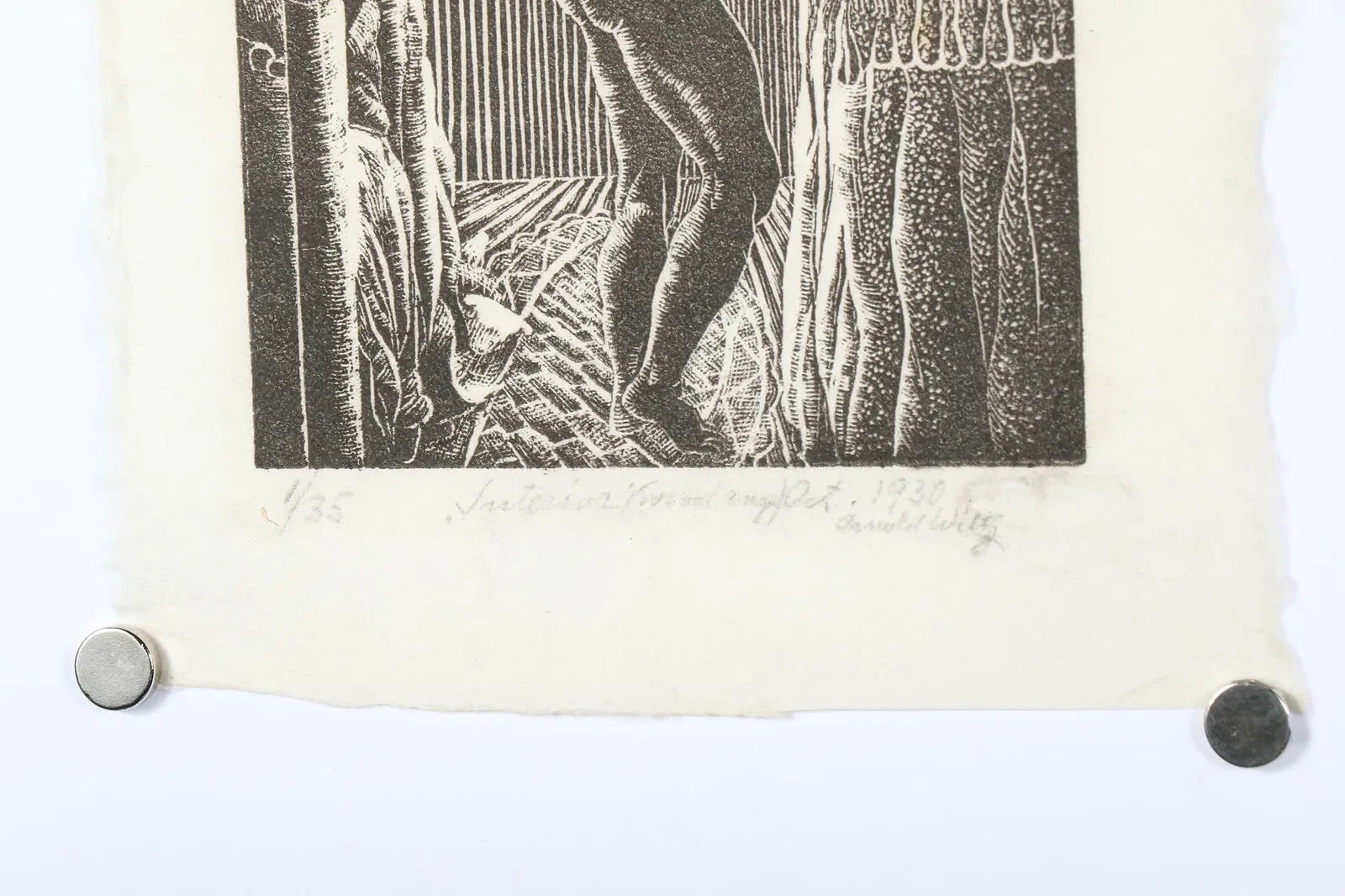 A black and white print depicting a person working on a wooden structure, possibly a barn or interior, with detailed trees or foliage to the right. Handwritten text below indicates it is number 75 of a limited edition, created in 1990 by Sand White.