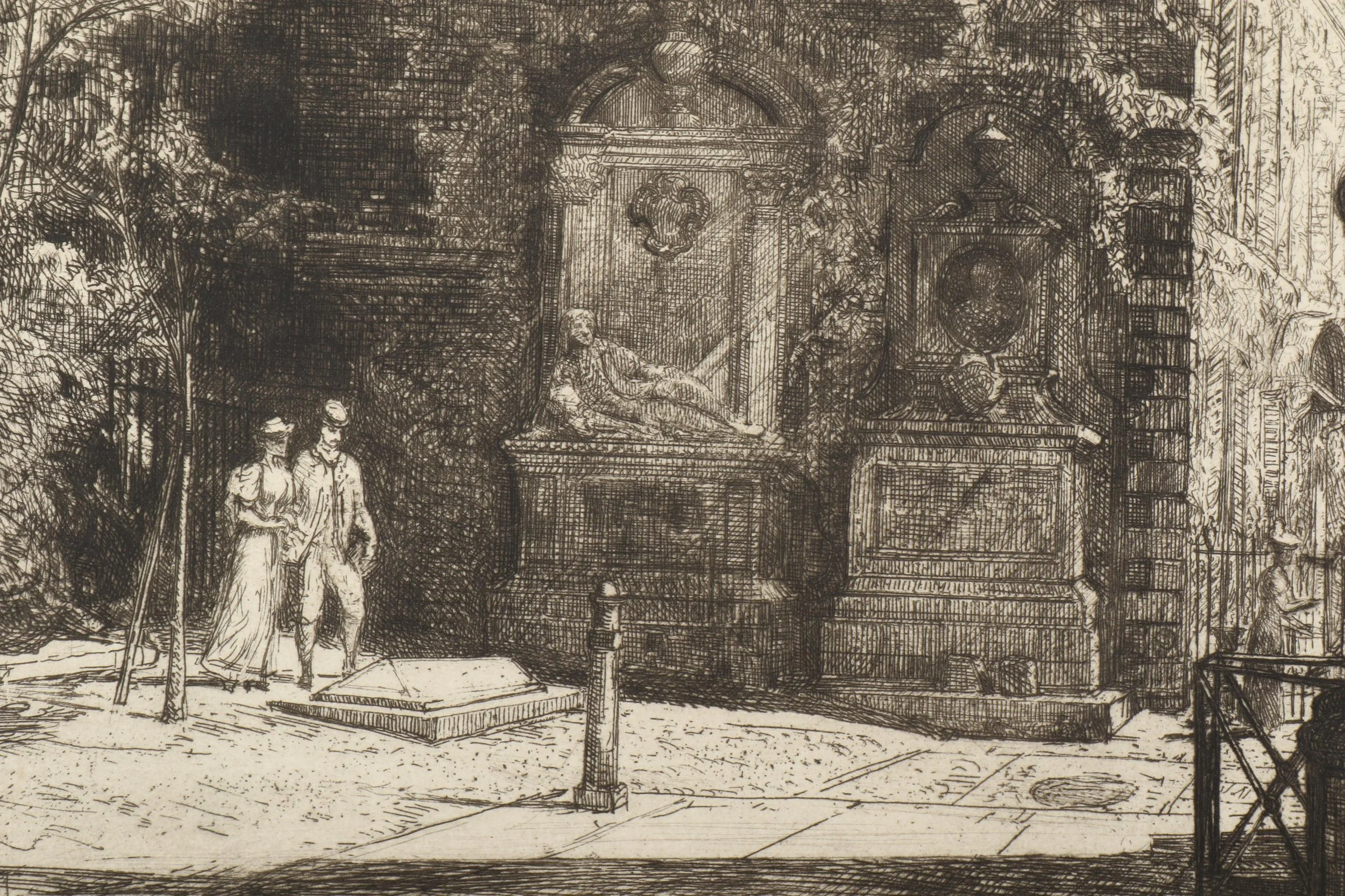 An old engraving of a museum or gallery interior with sculptures and artwork displayed on the walls and pedestals, and two women walking in the foreground.