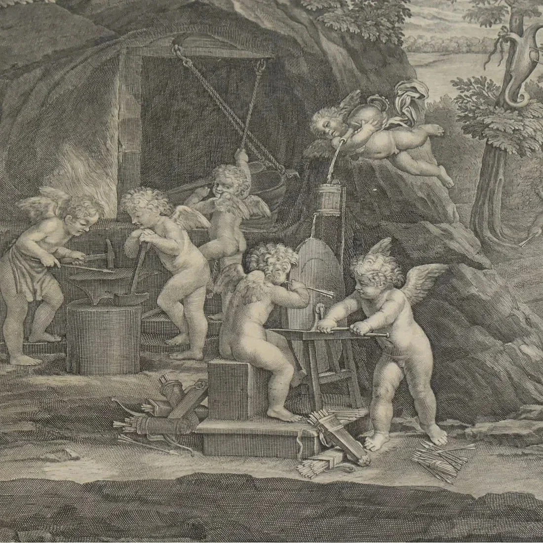 A black and white engraving of cherubs engaging in various activities outdoors, with one cherub drawing on a piece of wood, another playing a musical instrument, and others tending to tools and objects, with trees and a landscape in the background.