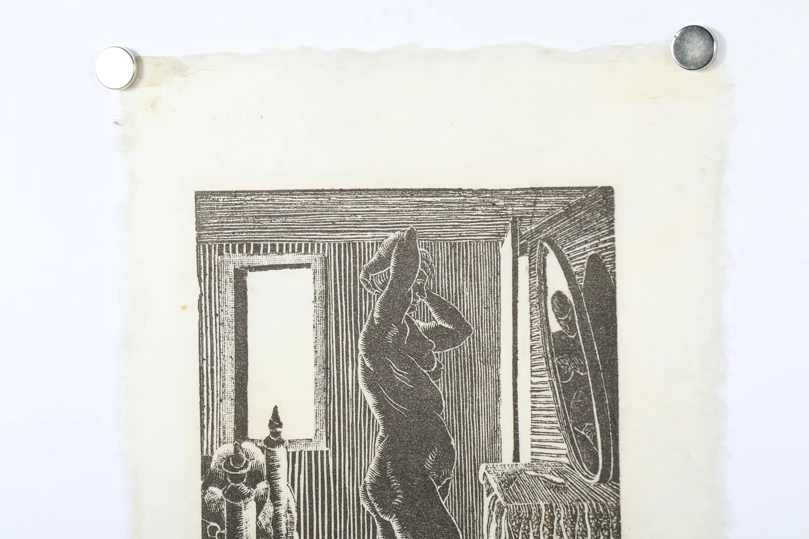 Black and white illustration of a woman looking in a mirror, with various objects in a room, including a window and bottles.
