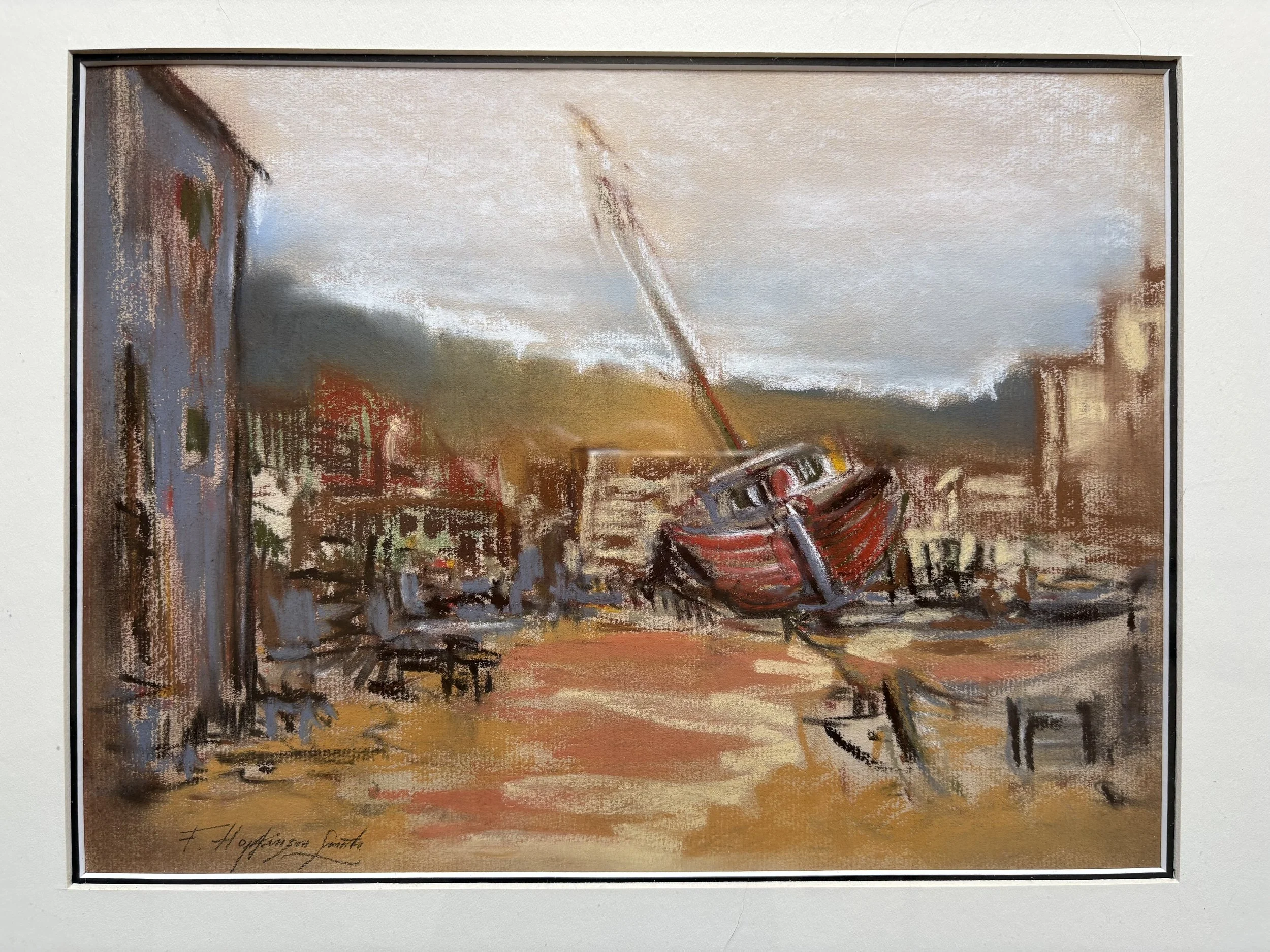 An impressionist painting of a landscape with a boat on the water, trees, and a cloudy sky, signed by F. Hopkinson Smith.