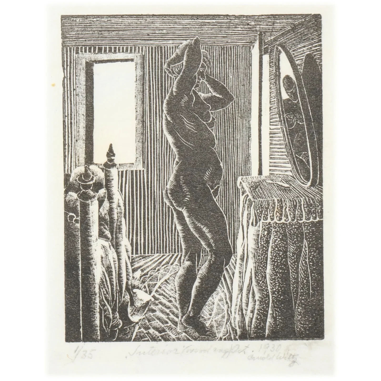 A black and white sketch of a woman standing in front of a mirror, adjusting her hair, with a small table to her side holding a bottle and a large urn nearby, in a room with wooden walls and a window.