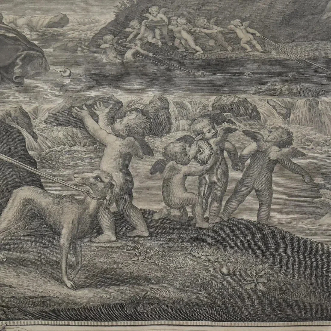 Etching of cherubs playing near a stream, with a group of cherubs in the background pulling a toy boat in the water.