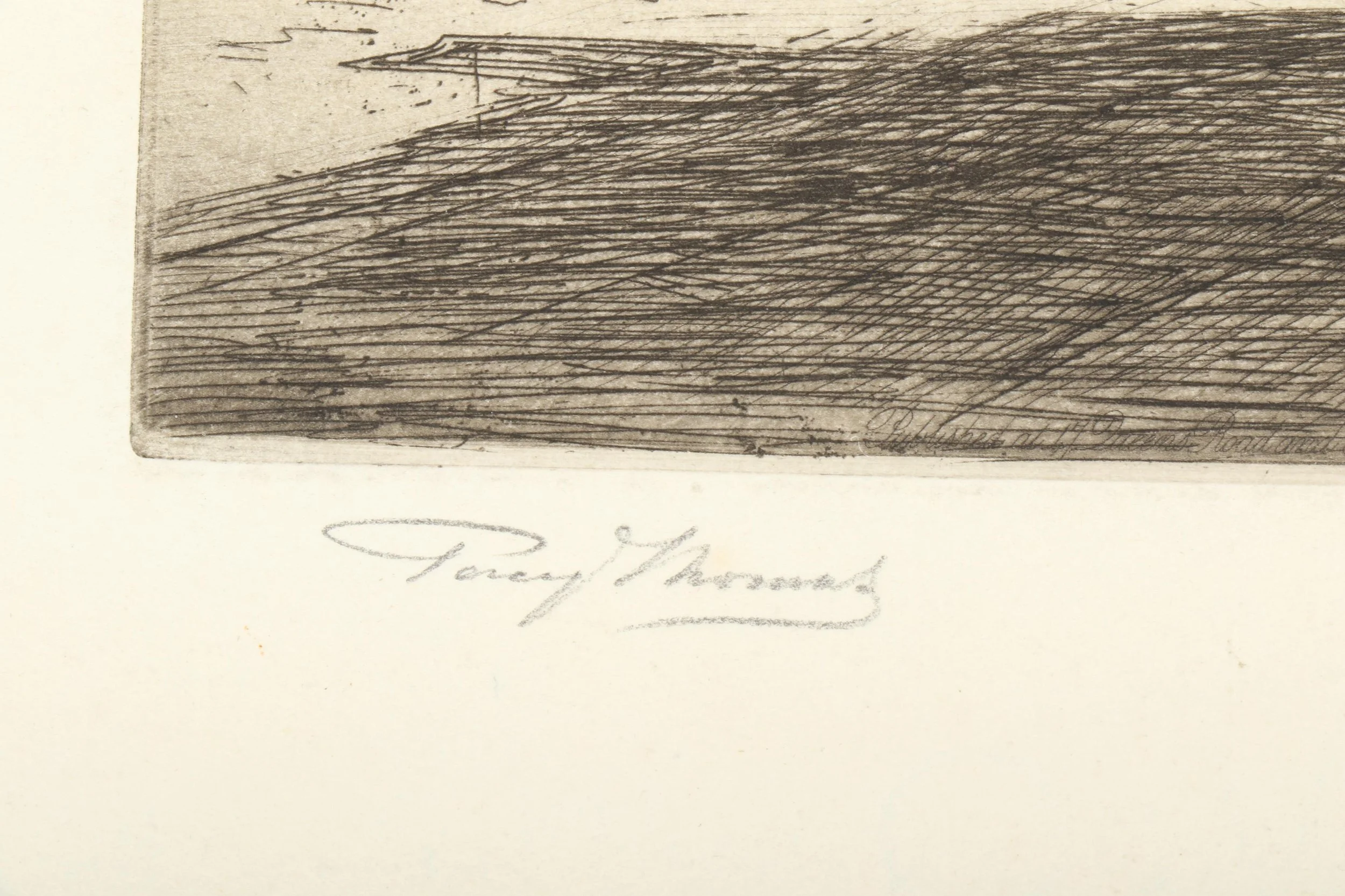 A close-up of a sketch of a building or structure with detailed crosshatching, along with a handwritten signature at the bottom.