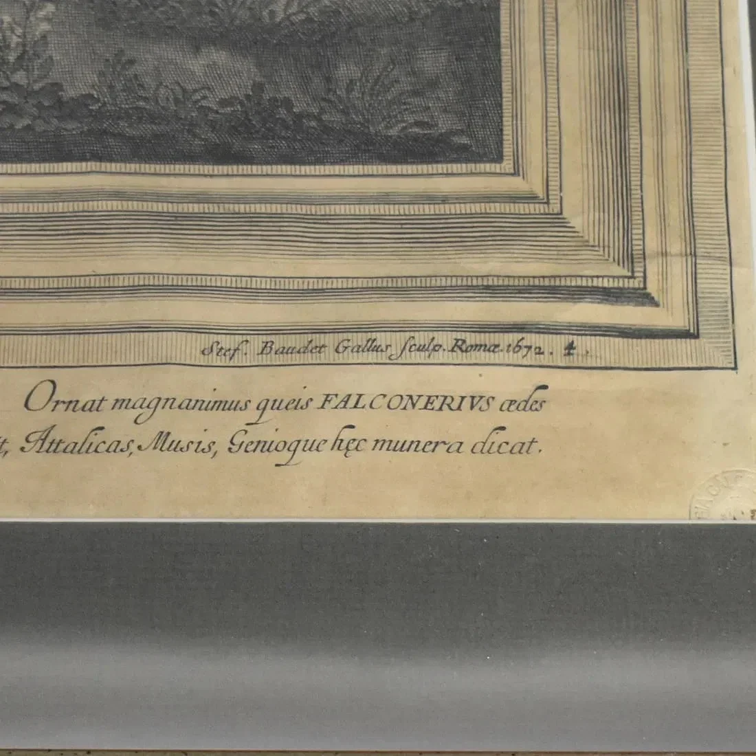 Close-up of a vintage print or illustration with Latin text, including the phrase 'Falconerus' and a signature indicating it was created by Baldassare Gatti in Rome, 1672.
