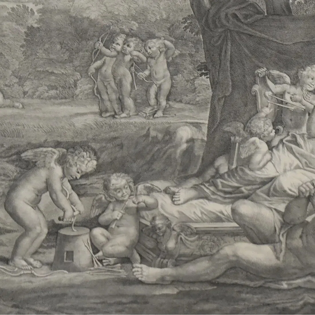 A detailed black and white engraving depicting mythological scene with children and adults, including cherubs and classical figures, engaging in playful and tranquil activities.